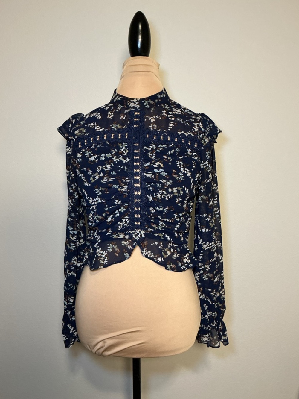 Navy Floral Ruffle Long-Sleeve Blouse